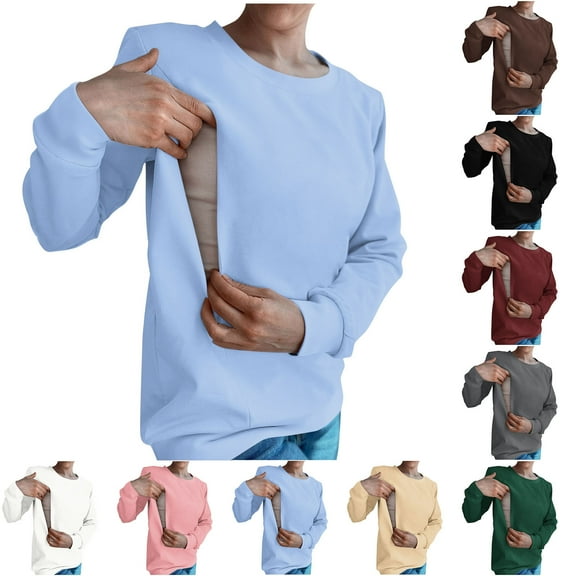 THDHVS Tshirts Shirts for Women,Womens Long Sleeve Tops,Women's Winter Long Sleeve Zipper Round Neck Nursing Hoodie Top/shirt Beige L