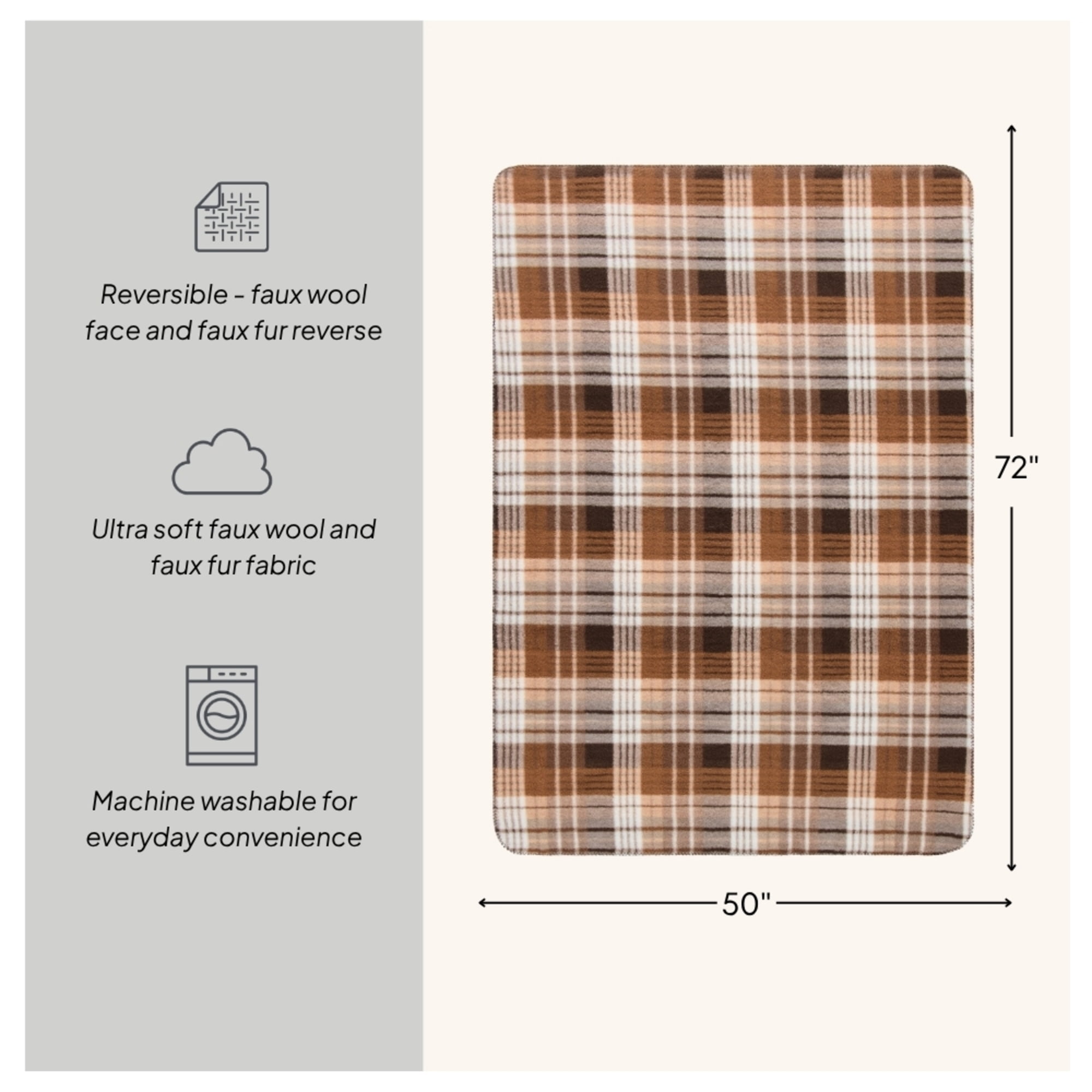 Better Homes & Gardens Brown Plaid Faux Wool Reverse to Faux Fur Throw, 50" x 72"