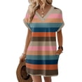 thumbnail image 5 of Women's Striped Print V-Neck Short Sleeve Casual Dress with Pocket, Pullover Summer Dress, Comfortable Loose Fit, Fashionable Ladies Daily Wear,Coffee,3XL, 5 of 7