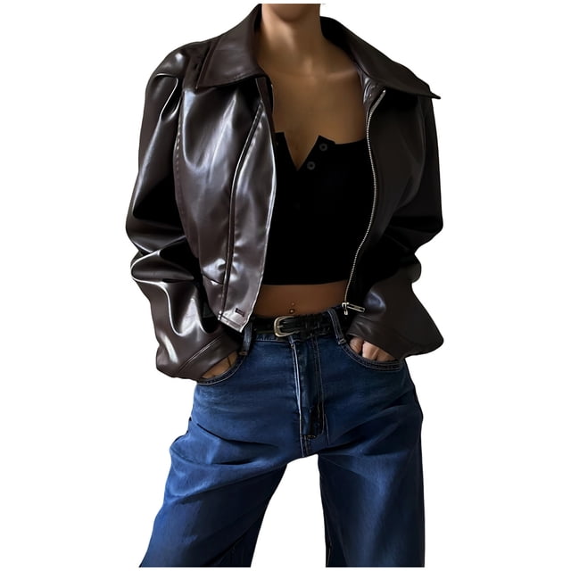 Veste en Cuir pour Femme, Veste Mode Décontractée Unie à Col à Revers avec Fermeture Éclair, Veste pour Dames