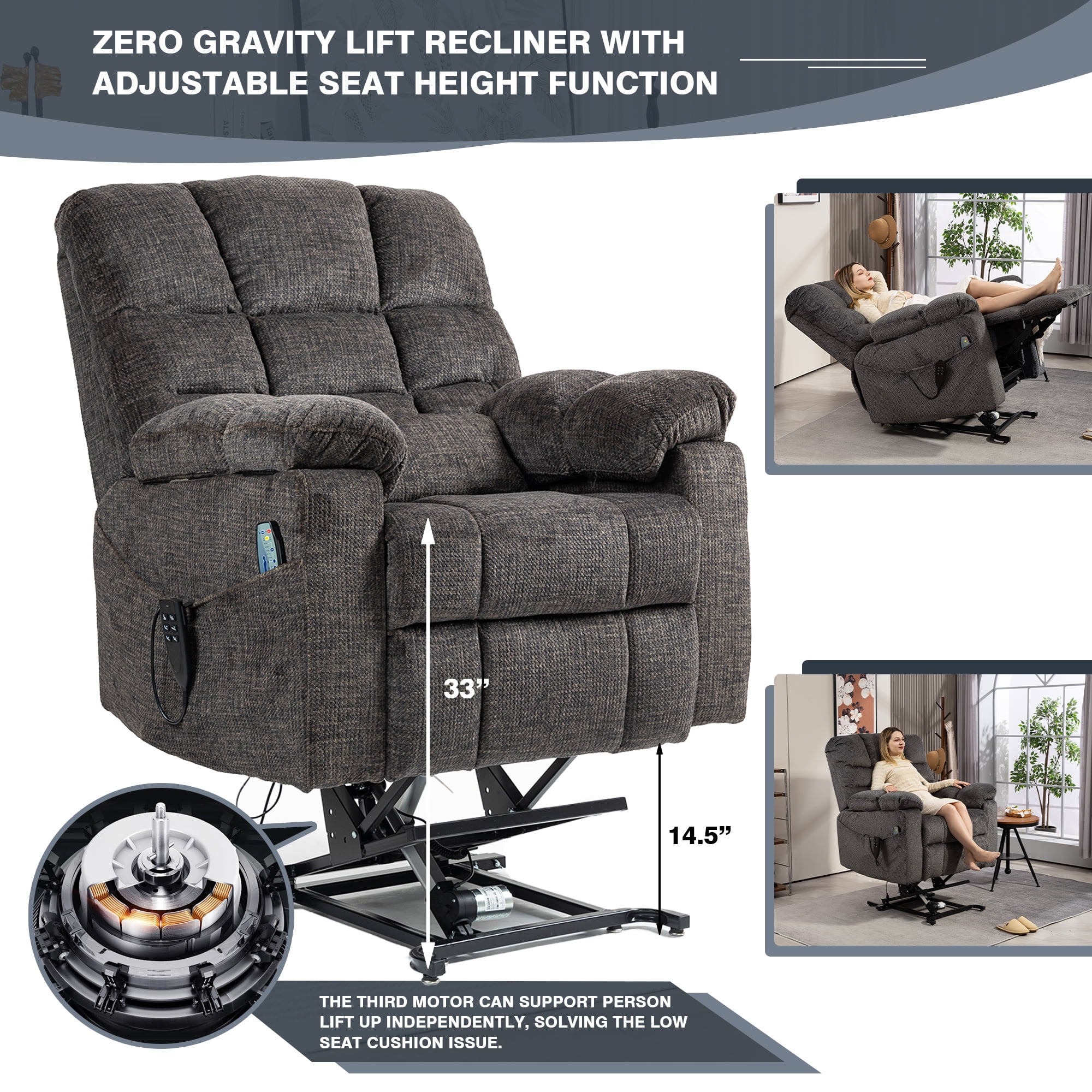 Triple Motor Zero Gravity Power Lift Recliner Chair for Elderly Adults, Electric Lay Flat Recliner with Heat and Massage, Adjustable Seat Height, 2 Arm Storage, 3 Cup Holders, Lumbar Pillow