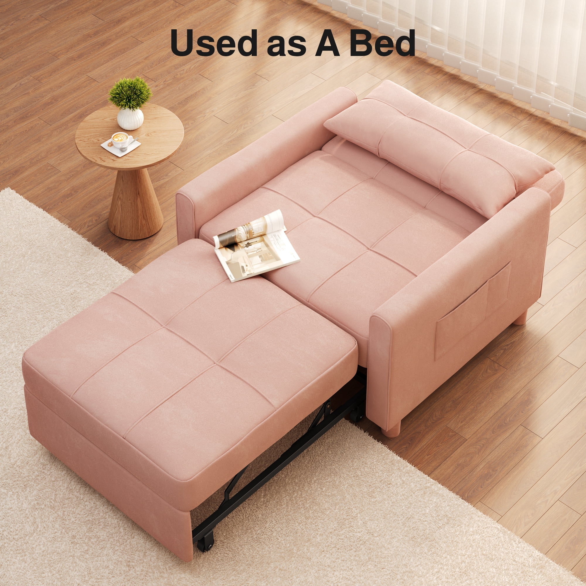 3-in-1 Convertible Sleeper Chair, Lightweight Foldable Sofa Bed for Small Spaces, Linen Upholstery, Pink