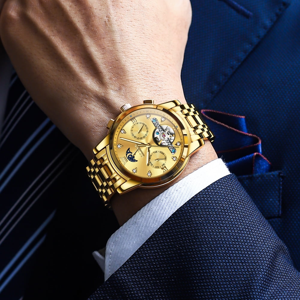 OLEVS Automatic Watches for Men Self Winding Mechanical Skeleton Flywheel Chronograph Luxury Dress Stainless Steel Diamond Moon Phase Waterproof Luminous Mens Wrist Watches Reloj Para Hombre