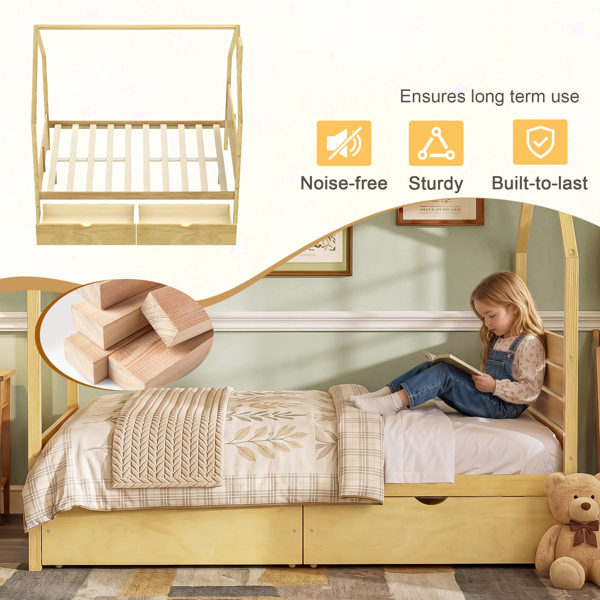 Mintazer Full Kids House Canopy Platform Bed with 2 Storage Drawers, Montessori Bed with Headboard for Bedroom, Natural