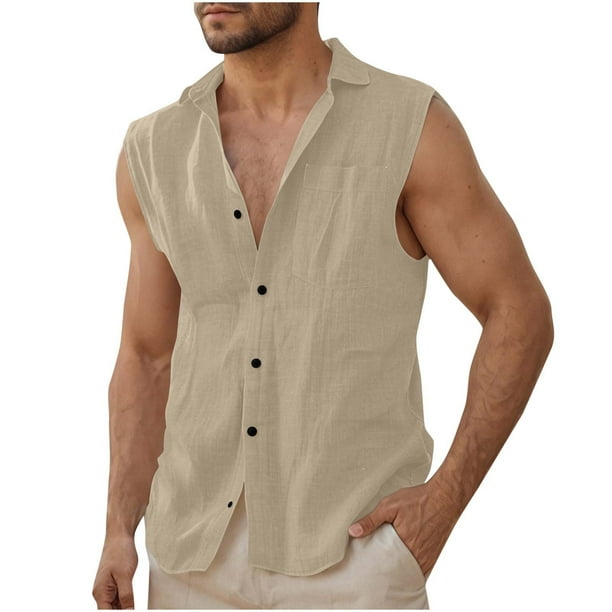 Top Abrigo Hombres Color Sólido Versátil Botón Solapa, Blusa sin Mangas de Lino de Algodón para el Verano
