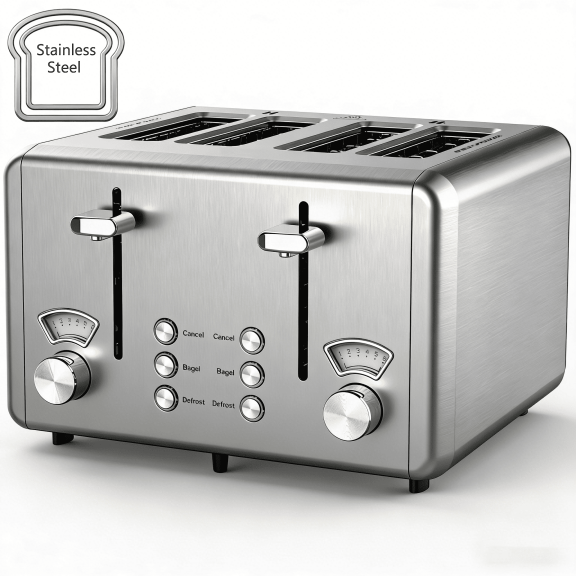 WHALL 4 Slice Toaster - Stainless Steel Bagel Toaster with Dual Control Panels, 6 Shade Settings,Silver