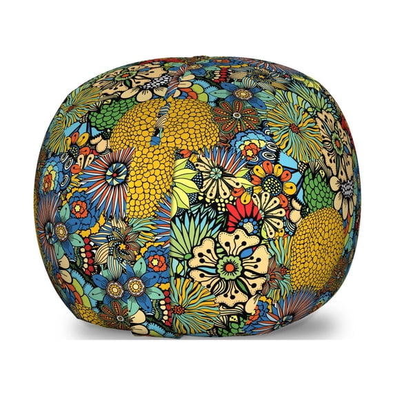 Garden Art Storage Toy Bag Chair, Whimsical Florist Pattern with Doodle Funny Plants Rich Summer Nature, Stuffed Animal Organizer Washable Bag, Large Size, Multicolor, by Ambesonne