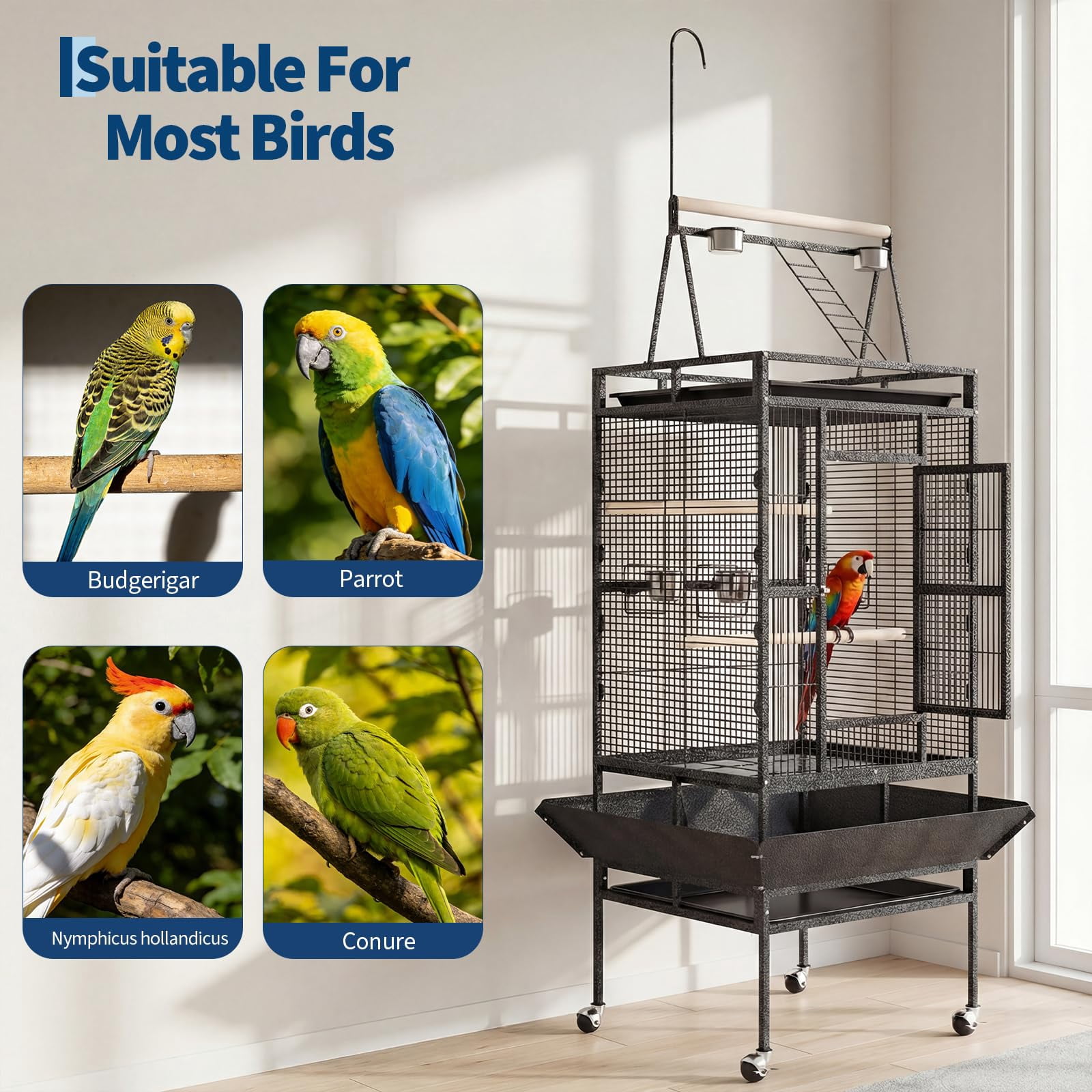 Parrot Cage, 82inch Rolling Bird Cage, Spacious Flight Bird Cage, with Feed Bowls, Playground and Rope Perch, for Parakeets, Cockatiels, Conures