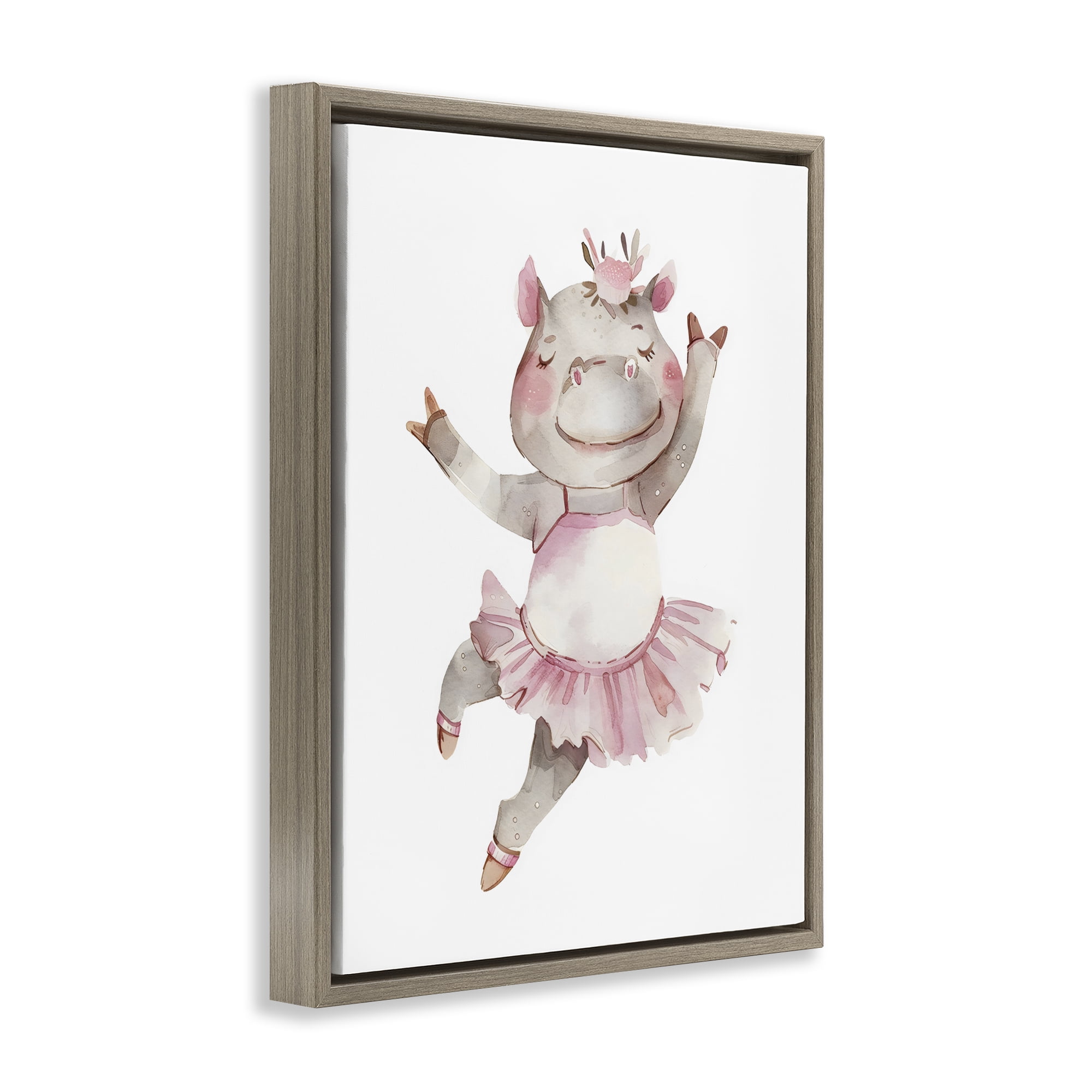 Stupell Industries Ballerina Hippo in Tutu Brown Framed Floater Canvas Wall Art, design by LSR Design Studio