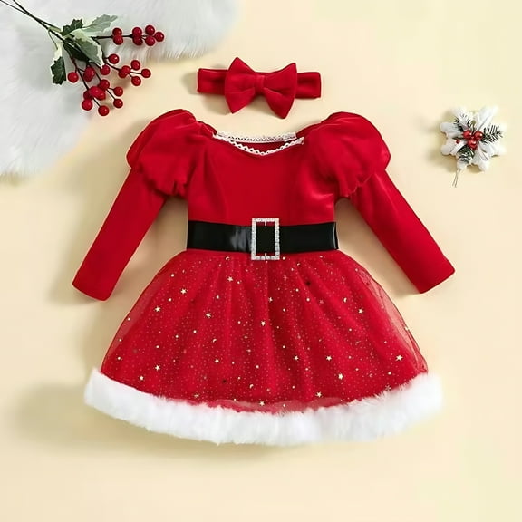 Wancir Toddler Baby Girl Christmas Dress Santa Claus Red Velvet Dress Long Sleeve Furry Princess Dress with Headband Outfit