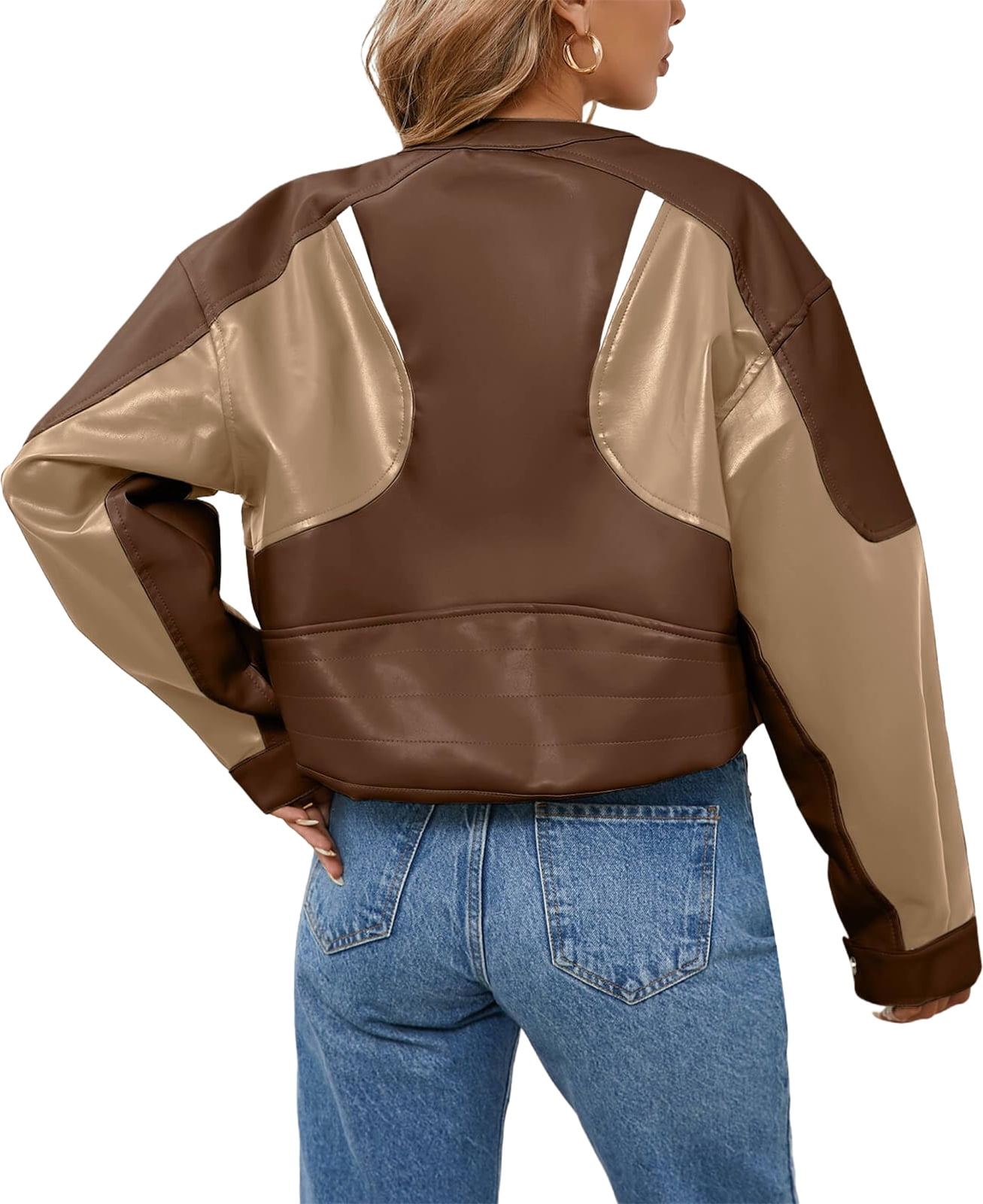 Womens Faux Leather Bomber Jackets Cropped Zip Up Color Block Fall Casual Moto Biker Coats