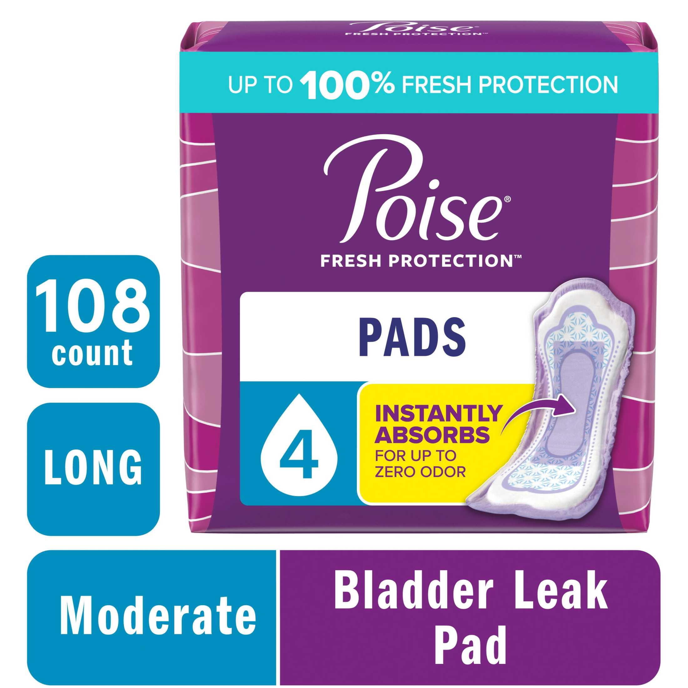 (2 pack) Poise Incontinence Pads for Women, 4 Drop Moderate Absorbency, Long Length, 108 Count