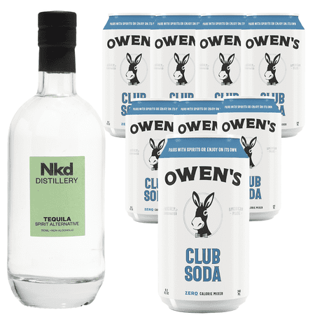 Nkd Distillery Tequila Alternative Premium Non-Alcoholic Spirit 750 ML Bottles w Owen’s Mixers Club Soda 8.2 OZ Cans - Perfect for Mocktails - A