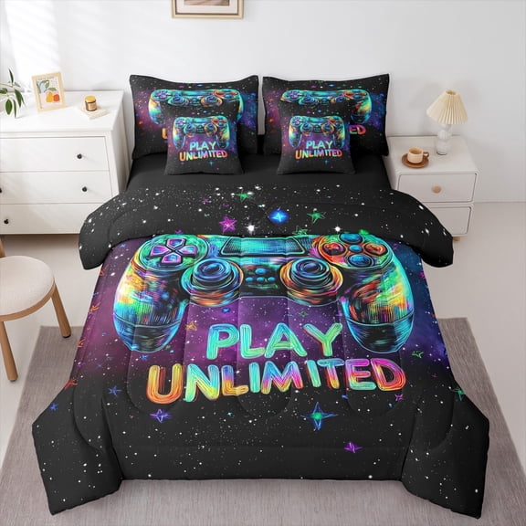 7 Pcs Gamer Bed in a Bag Teens Gaming Bedding Sets Twin Size,Video Game Controller Comforter Set with Sheets Game Room Decor Bed Set Space Universe Gaming Sheet Set