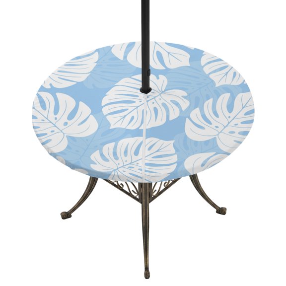 Outdoor Tablecloth with Umbrella Hole and Zipper Sky Blue Tropical Monstera Leaves Round Fitted Table Cover with Elastic Waterproof Summer Palm Leaf Patio Tablecloths for Picnic BBQS Fit 45"-54"