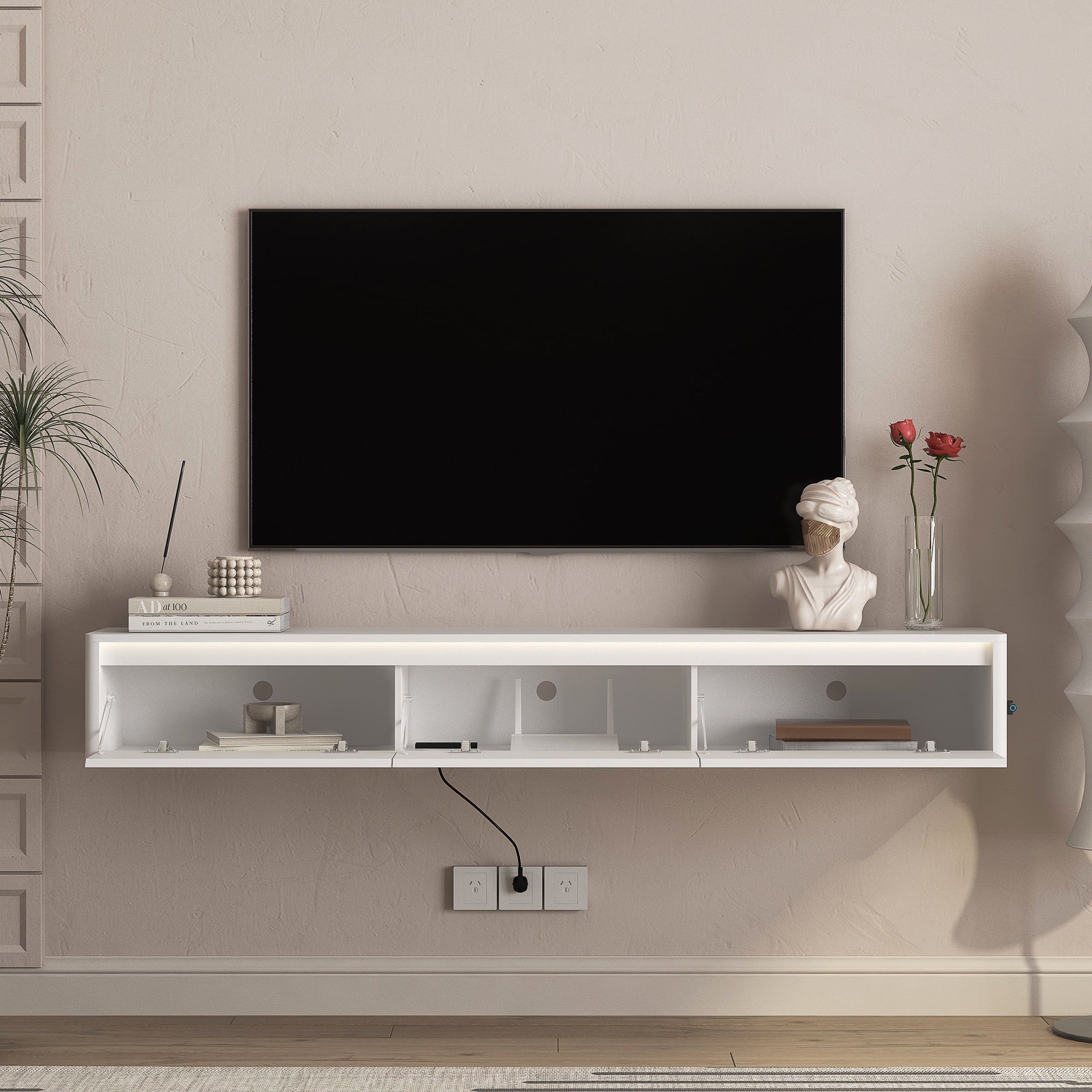 Aukfa Floating TV Stand for TVs up to 75",Wall Mounted TV Shelf High Gloss TV Cabinet with Led Lights & Power Outlet,White