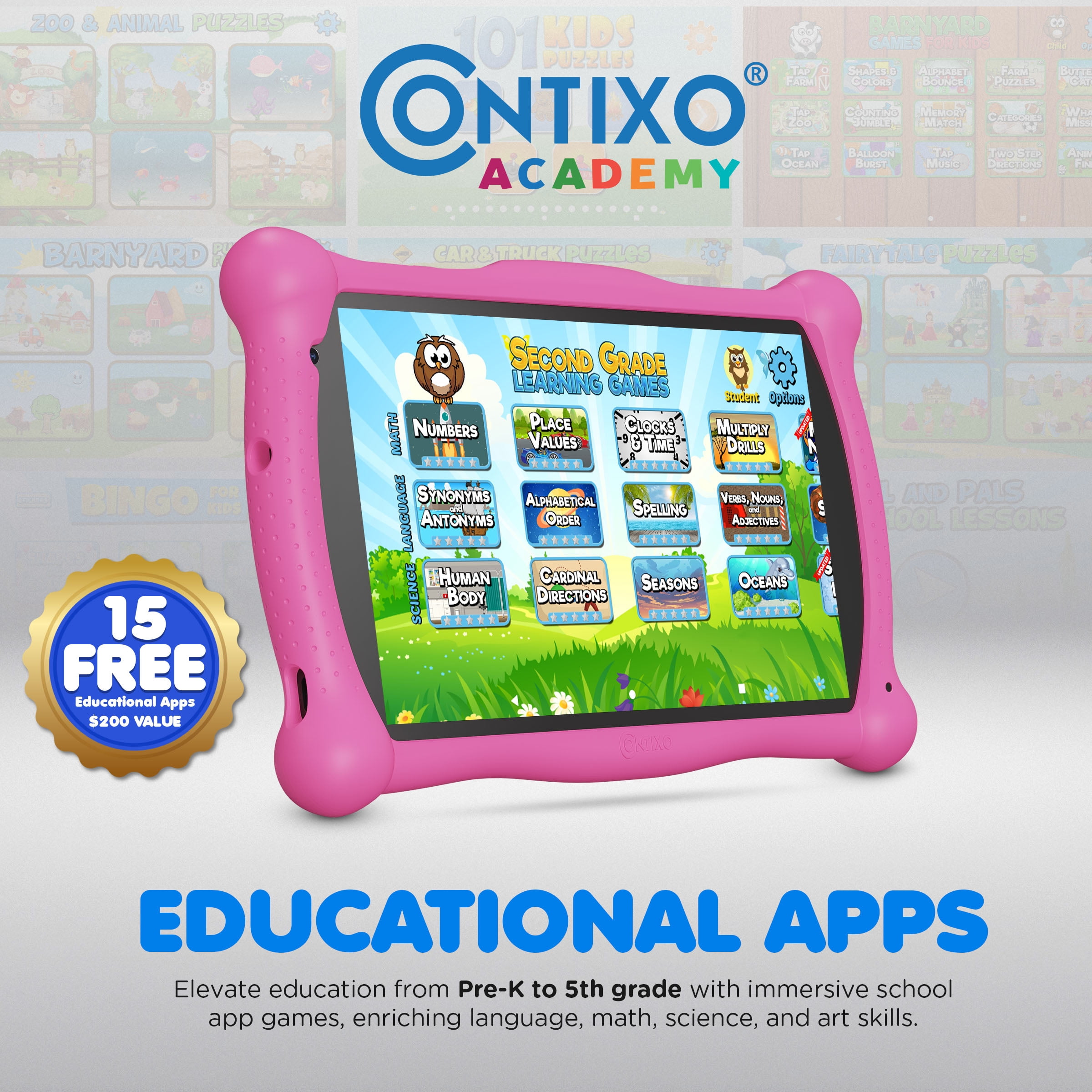 Contixo 7-Inch Kids Tablets, Educational Android Tablet with Stylus and Kickstand Case, 32GB, Ages 3-12, Pink