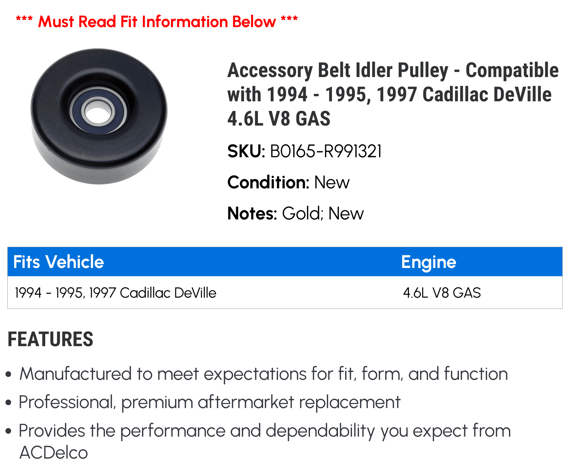 Accessory Belt Idler Pulley - Compatible with 1994 - 1995, 1997 Cadillac DeVille 4.6L V8 GAS - AC Delco