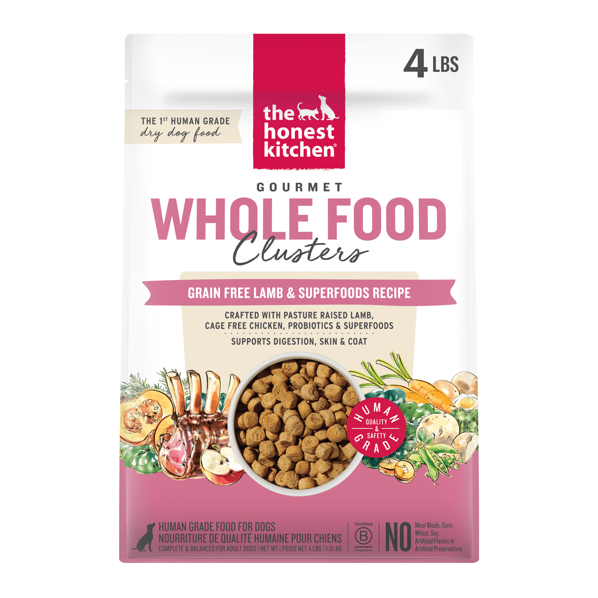 The Honest Kitchen Grain Free Lamb & Superfoods Gourmet Whole Food Clusters, Human Grade Dry Dog Food for Adult Dogs, Vet-Recommended Nutritional Support for Skin, Coat & Digestion, 4 lb Bag