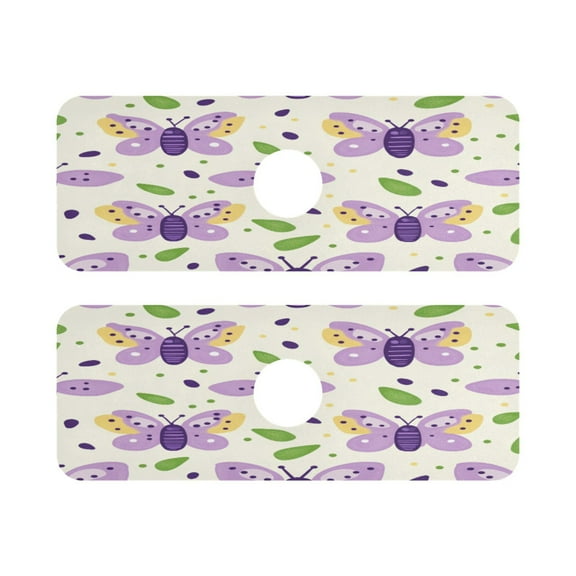 Purple Butterfly Pattern Quick Dry Silicone Algae Faucet Pad 14.7x5.4in 2 Pack Absorbent Mat for Kitchen Sink, Bathroom Countertop