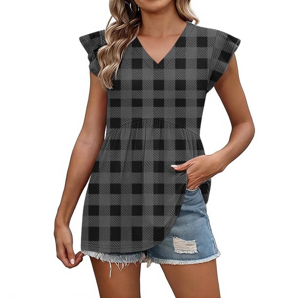 Craaazy Womens Casual V-Neck Ruffle Sleeve Top with Polka Dot Ombre Plaid Prints for Brunch and Vacation Outfits Gifts