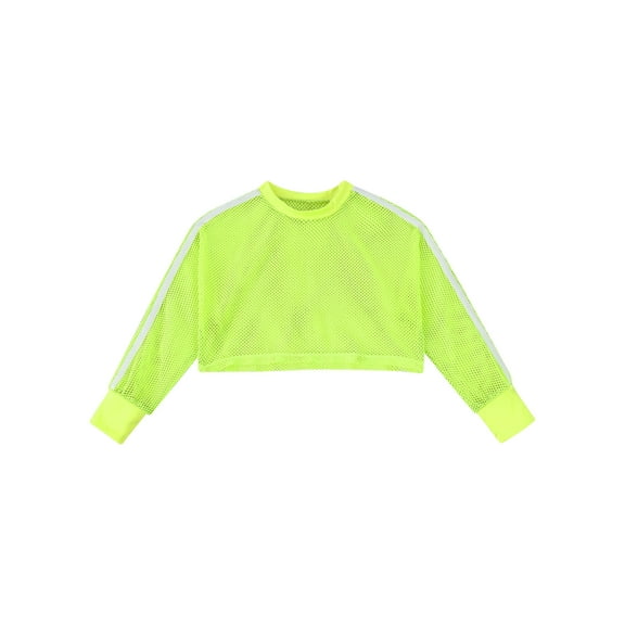 Yruioon Kids Girls Mesh Long Sleeve Crop Top for Workout Gymnastic Dance Sports Round Neck Pullover Fluorescent Green 12