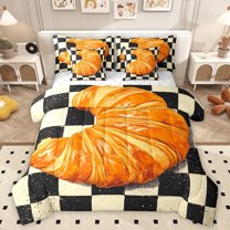 Homewish Cartoon Croissant Lover Twin Bedding Sets 7-Piece, Black Wheat Plaid Bedding Comforter Set, Teens Kids Boys Girls Reversible Sheet Sets, Super Cozy Room Decor