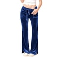 thumbnail image 2 of Women's Velvet Flare Pants, High Waist Drawstring Wide Leg Pants, Soft Casual Lounge Pants with Side Pockets for Daily Wear, Loungewear and Relaxed Outfits Dark Blue L, 2 of 7