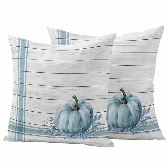 Outdoor Pillow Covers 16 x 16 Inches, Blue Pumpkin Waterproof Throw Pillow Cover Set of 2, Thanksgiving Fall Leaf Country Farm Stripe Decorative Square Cushion Covers for Patio/Tent/Couch/Garden