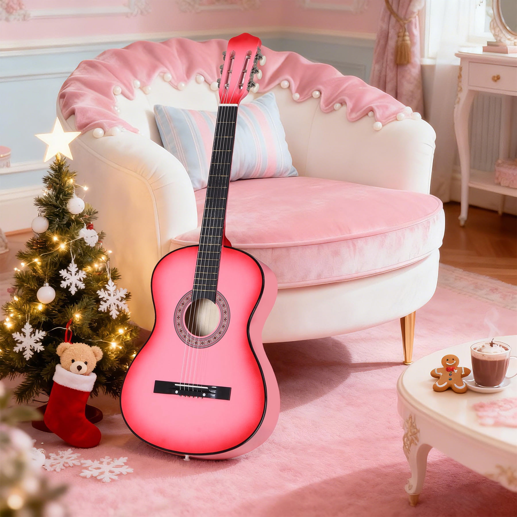 SuperDeal 38-Inch Round Shoulder Acoustic Guitar Kit 6 Strings Full Size Classic Beginners Children Adults All-Solid Wood with Carrying Case, Strap, Tuner and Pick, Pink