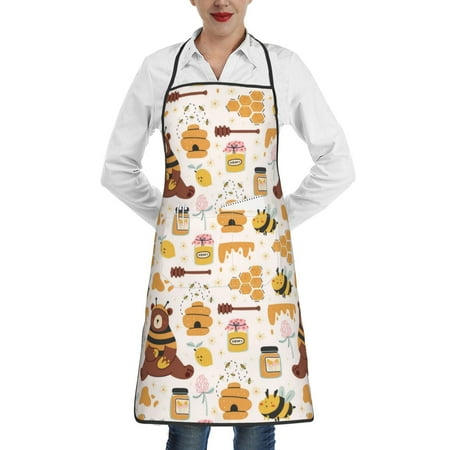 

Lukts Cute Bee Honey Jar Hive Bear Pattern Kitchen Apron Waterdrop Resistant Apron with adjustable Aprons for Women and Men with Pockets Cooking Apron