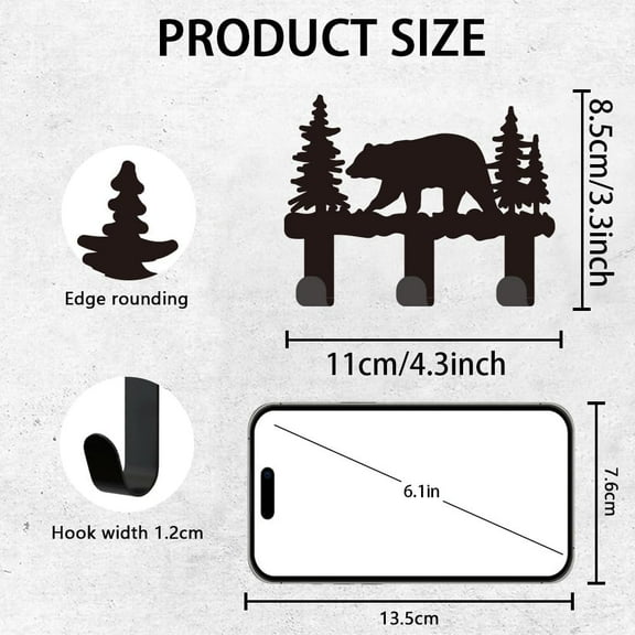 Key Holder for Wall Black Iron Key Hooks Wall Mounted Forest Bear Key Rack with 3 Hooks Small Key Hangers House Key Holder for Keys Bag Dog Leash Storage Wall Decorative Entryway
