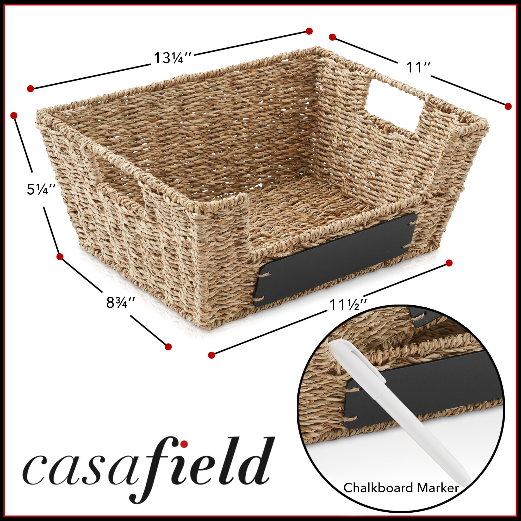 Casafield (Set of 2) Seagrass Pantry Baskets with Handles and Chalkboard Labels, Wide Woven Storage Baskets for Kitchen Shelves