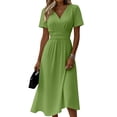 thumbnail image 3 of Summer Solid Dresses for Women 2026 - Boho Madi Dress Short Sleeve V Neck Below the Knee Dressy - Casual Sundresses Beach Vacation Outfits Green M, 3 of 6