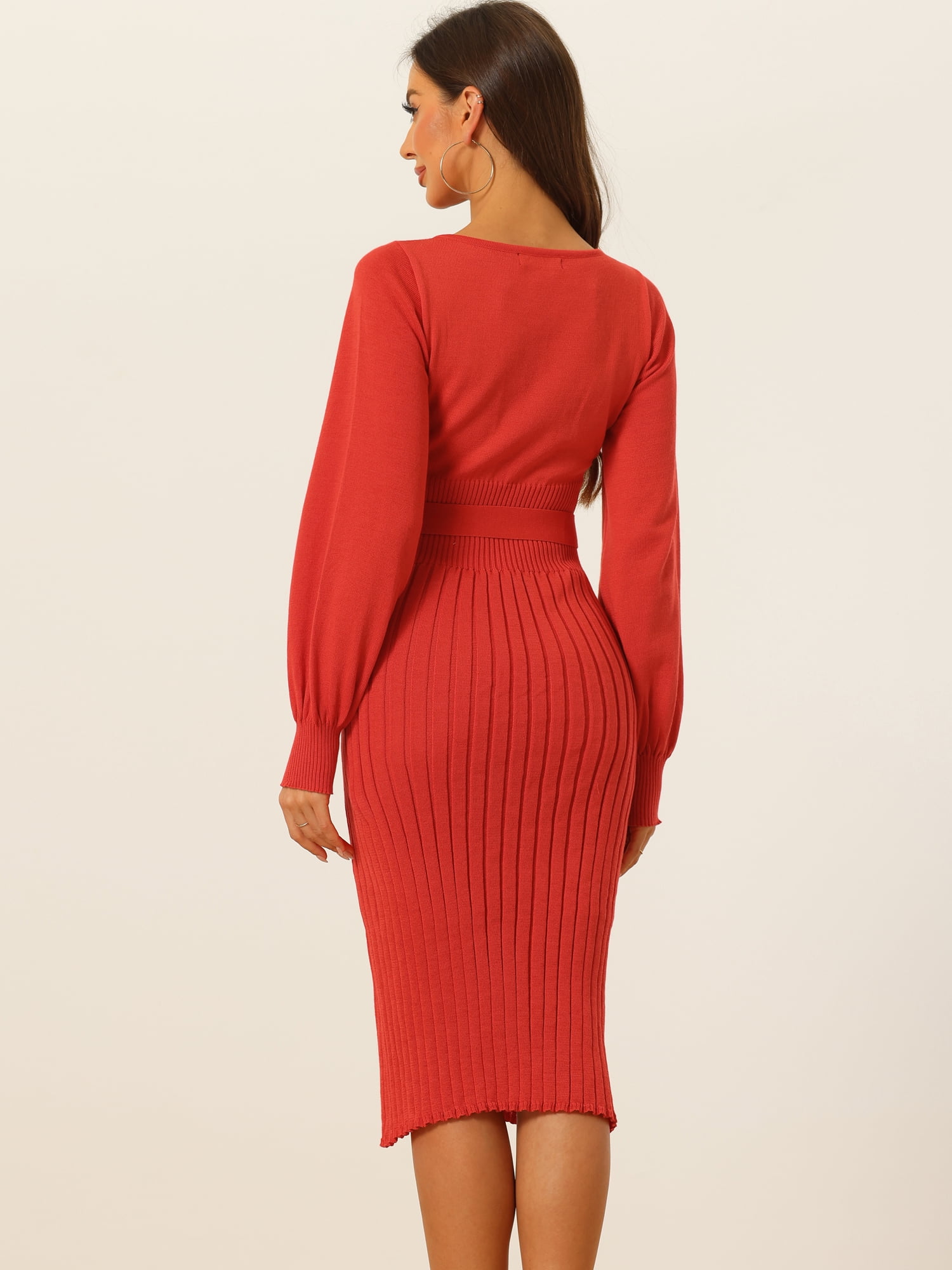 DARING DIVA Knit Belted Crew Neck Lantern Sleeves Pleated Sweater Dresse XS Orange Red