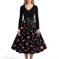 thumbnail image 4 of Women's Halloween Dress Castle Spider Long Sleeve Cocktail Hepburn Funny Dresses V Neck 1950s Fall Classic Dress with Belt S, 4 of 5