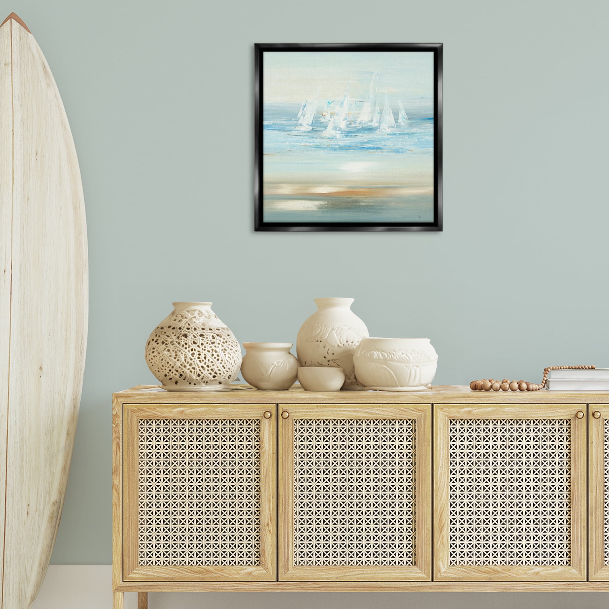 Stupell Industries Brushed Sailboat Fleet Coastal Painting Black Floater Framed Canvas Art Print Wall Art, 25 x 25