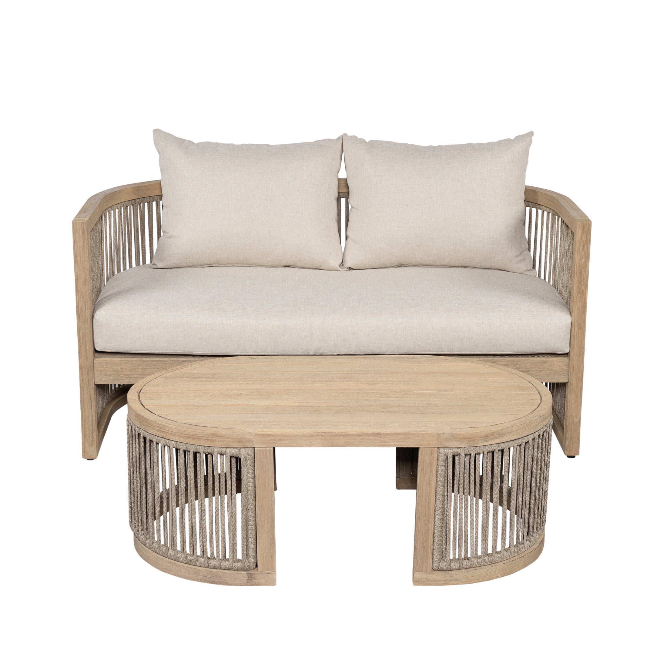 Christopher Knight Home 2-Piece Wood Outdoor Patio Furniture Set, Woven Rope Loveseat with Coffee Table, Beige Cushions