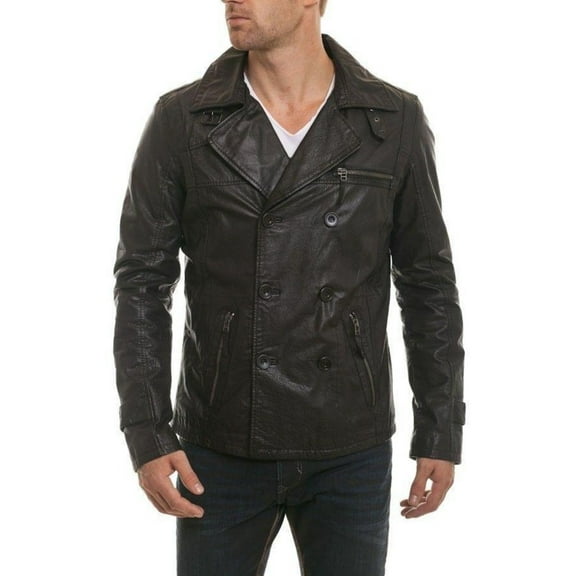 Noora Men's Black Notched collar leather jacket With Belted Designer Button With Zipper Pocket Biker Rider Jacket SU015
