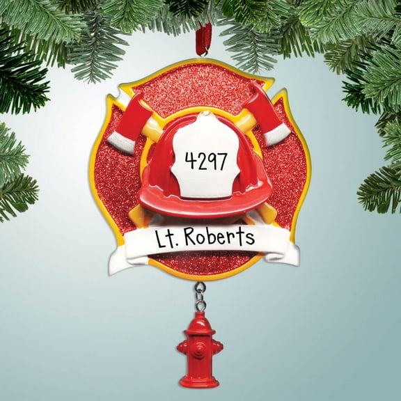 Personalized Firefighter Badge with Hydrant Christmas Ornament