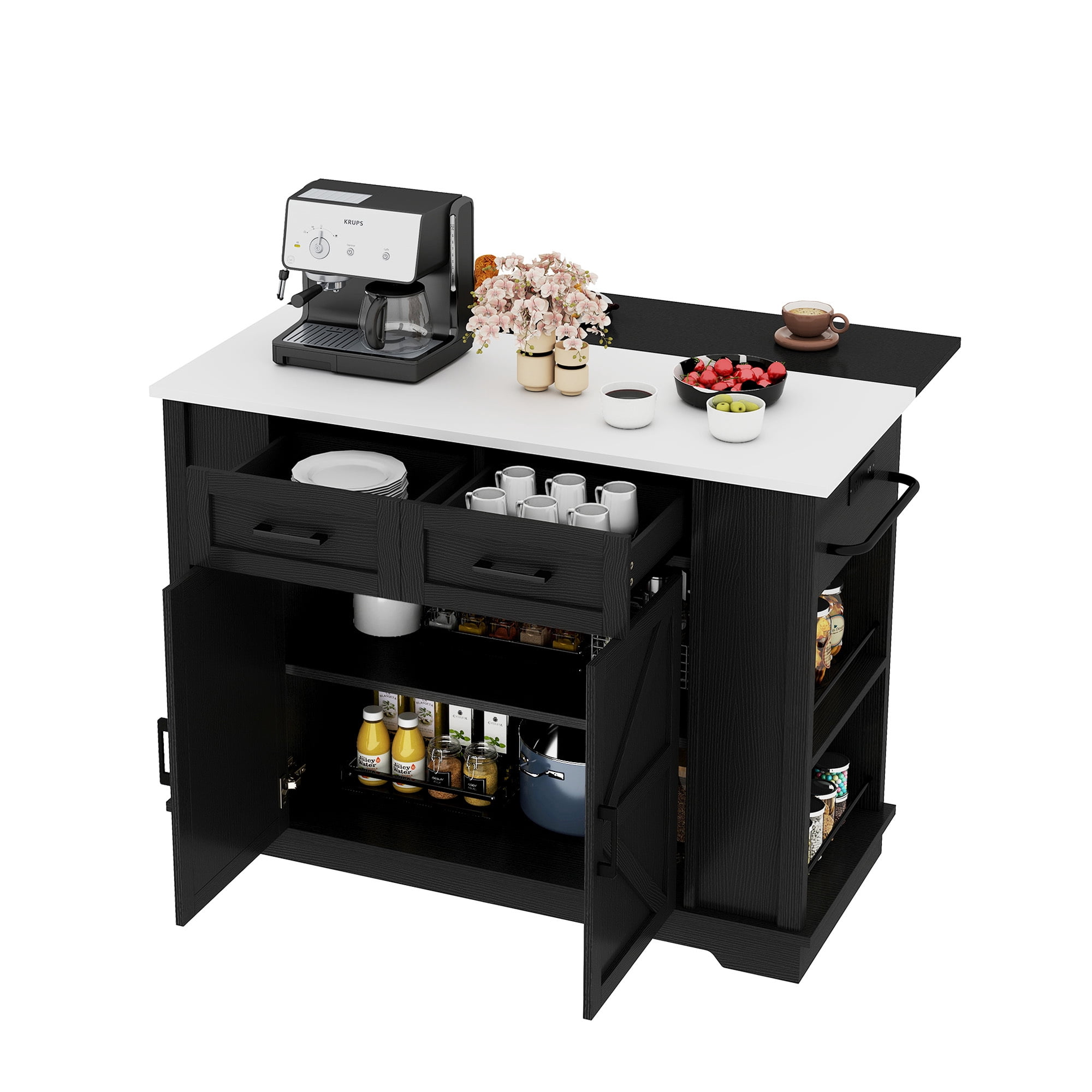 Uforic Kitchen Island with Drop Leaf & Storage, Kitchen Island Cart with Power Outlets, Black