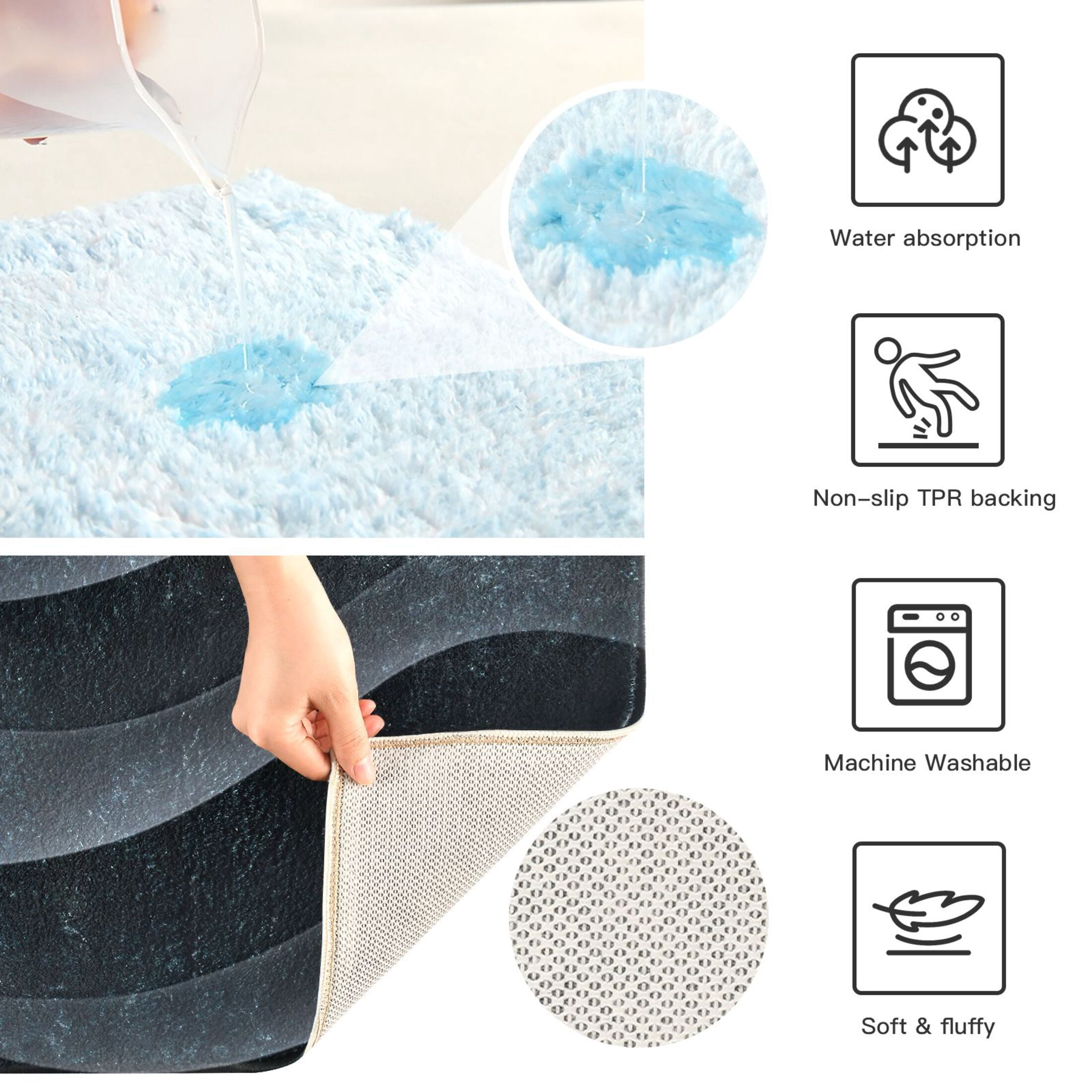 2 Piece Soft Bathroom Rug Set Dark Gray Wave Pattern Bath Mat and U-Shaped Toilet Contour Rug (16"x24"+20"x24")
