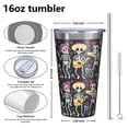 thumbnail image 4 of 16oz Tumblers Day Of the Dead Halloween Pattern Stainless Steel Vacuum Insulated Double Wall Travel Tumbler Cups Mug with Lid and Straw,Cleaning Brush for Coffee,Tea, 4 of 4