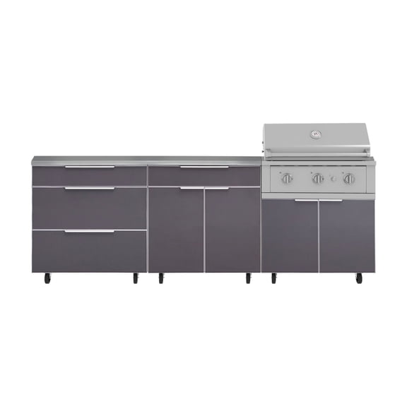 NewAge Products Outdoor Kitchen Aluminum 5 Piece Cabinet Set With Casters and 3 Drawer, Bar, Grill Cabinet, Performance Grill, Countertop