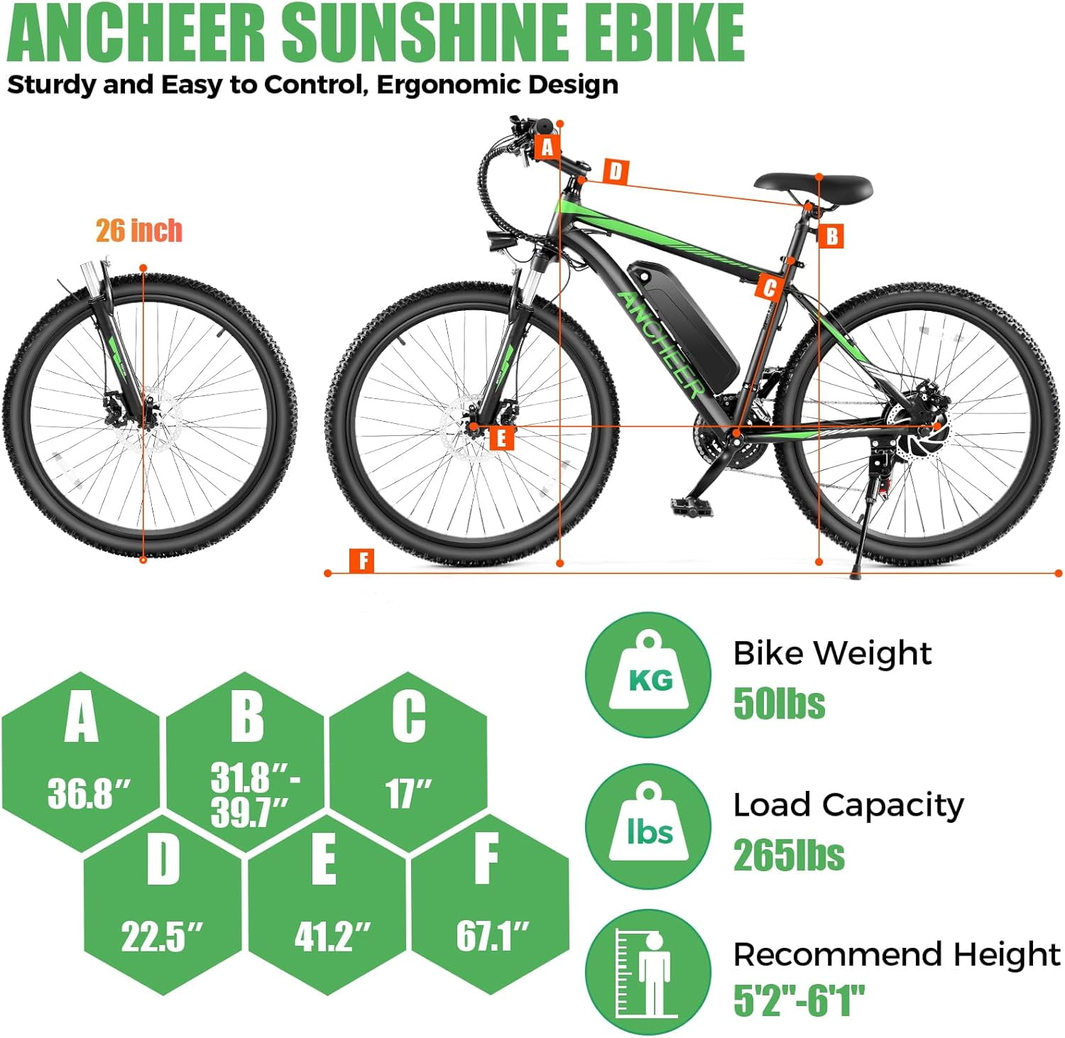 ANCHEER Electric Bike ,26" Electric Bike for Adults Electric Bicycles, 500W Electric Mountain Bike, 48V Commuter Ebike 48V Battery Ebike UL 2849, Lockable Suspension Fork, Shimano 21 Speed