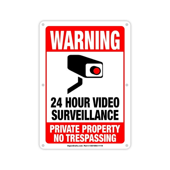 SIGNOGRAFX WARNING 24 HOUR VIDEO SURVEILLANCE, 14inch x 10Inch, Metal Sign, Full Color Digital Printing, Easy to Install Indoor and Outdoor.