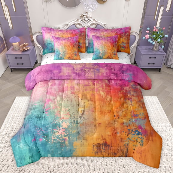 Feelyou Modern Fashion Art Bedding Comforter Set 7 Pieces for Adult, Orange Blue Watercolor Full Bedding Set, Oil Printing Reversible Fitted Sheet Flat Sheet, Ultra Soft Bedroom Decor