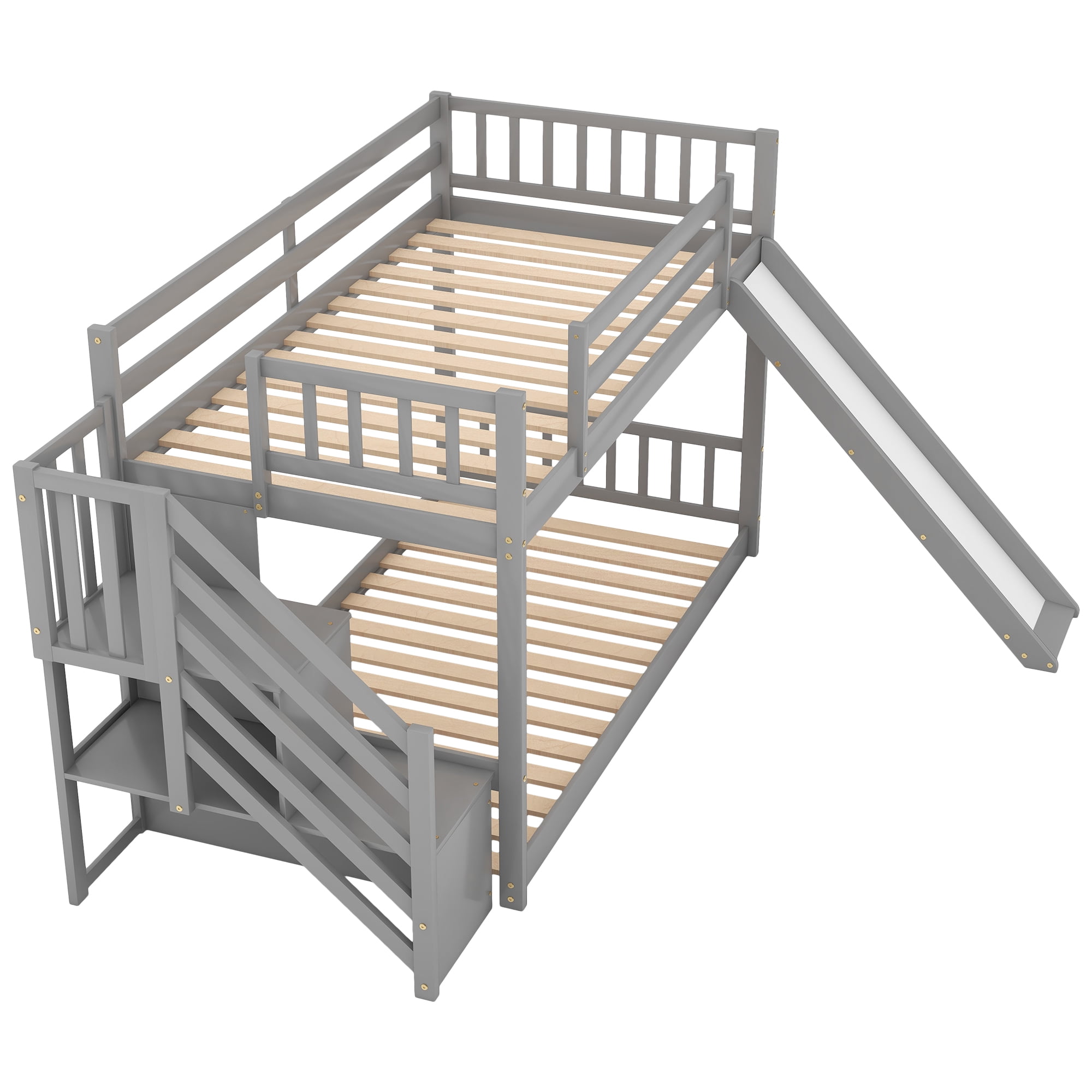 EUROCO Modern Wood Twin over Twin Bunk Bed with Slide and Staircase, Low Profile Bunk Bed with Storage for Kids Teens,Gray