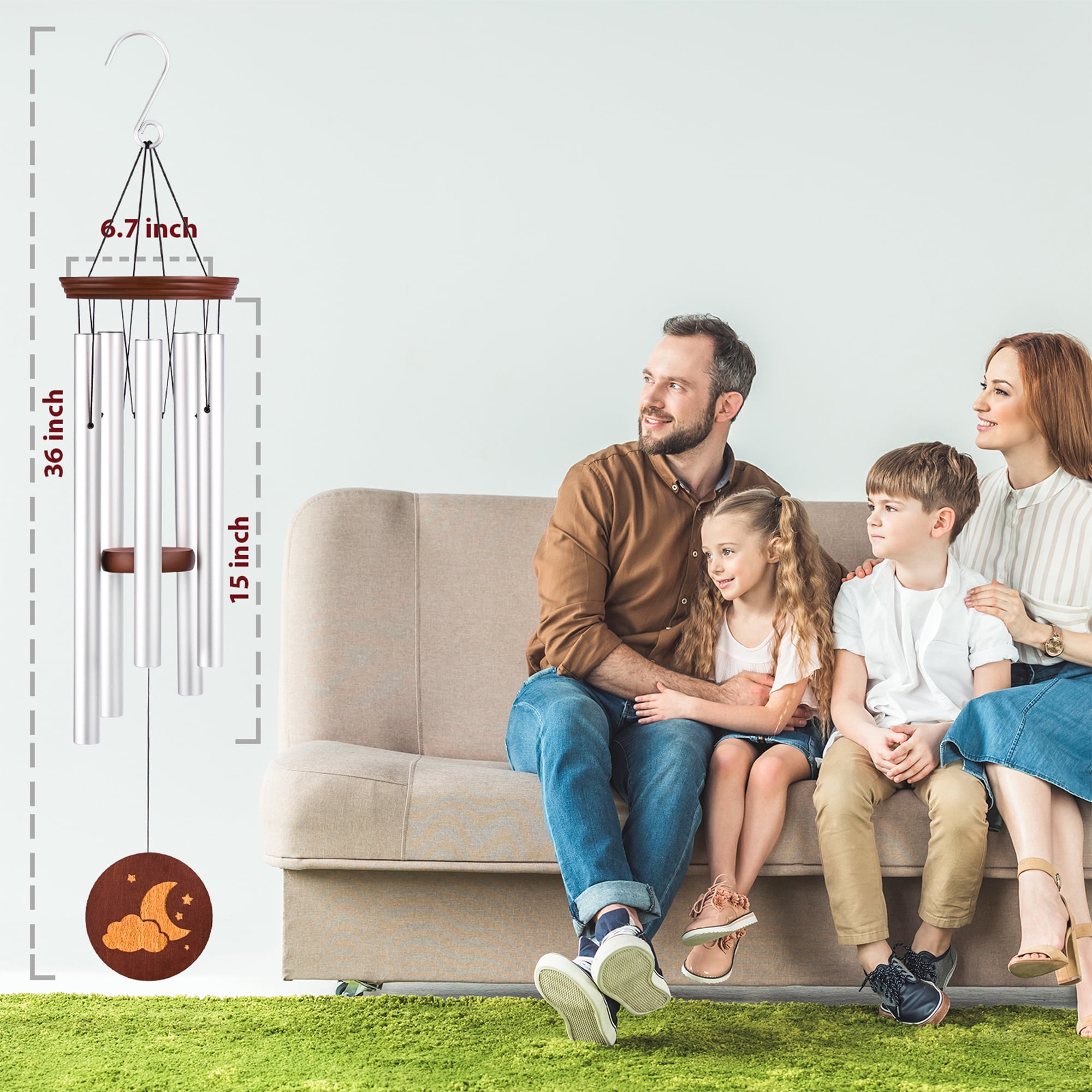 Famiry Wind Chimes for Outside Deep Tone, 36 inches Large Sympathy Wind Chimes with 5 Metal Tubes & Hook，silver