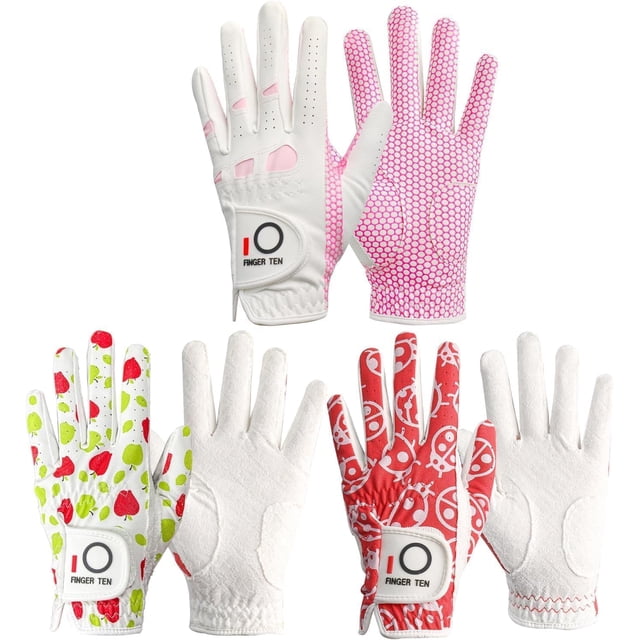 Women's Ladies Golf Gloves Weathersof Left Hand for Right Handed Golfer Grip Mixed Color Value 3 Pack, Fit Size Medium Small Large Pink Green Red